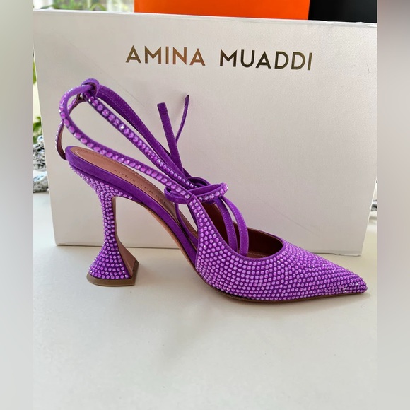 Amina Muaddi Karma Embellished Suede Crystal Embellished Lace Up Pumps Violet - Picture 7 of 9